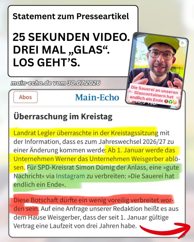 25 Sekunden Video von mir. Drei Mal das Wort „Glas“. Hier mein Statement zum Presseartikel von Herrn Michael Müller vom @main_echo.de  #landkreisaschaffenburg